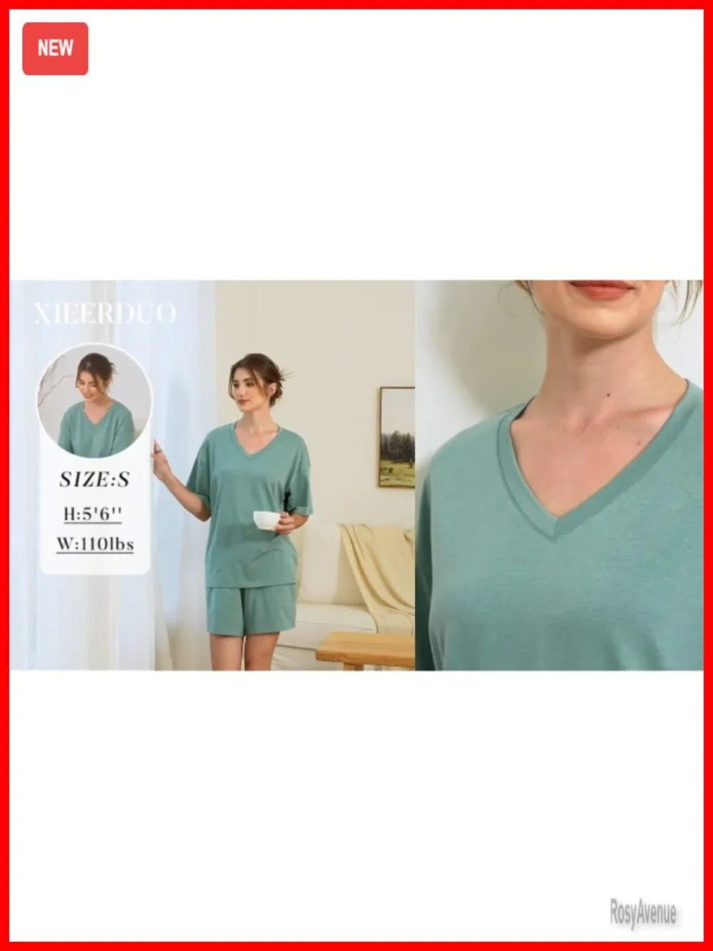 Lightweight Short Sleeve Pajama Set with V-Neck and Elastic Waist
